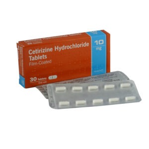 orange box of cetirizine 10mg tablets, small oval shaped tablts for allergy relief