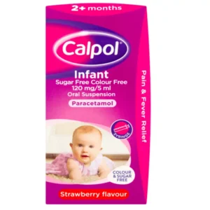 Calpol Infant Sugar-Free Colour-Free Oral Suspension packaging, containing paracetamol for pain and fever relief in children aged 2+ months, strawberry flavour, with an included syringe for precise dosing.