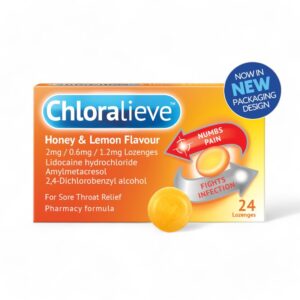 Chloralieve Honey & Lemon Lozenges offering pain relief and infection control, displayed in orange packaging with one yellow lozenge.