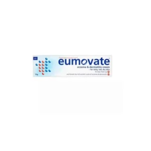 An image showcasing a tube of Eumovate cream, a dermatologist-recommended topical treatment for various skin conditions. The tube is labeled clearly with the product name and features a soothing blue colour scheme