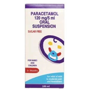 Paracetamol Suspension 120mg/5ml 100ml bottle - a clear liquid medication in a labelled bottle with dosage information
