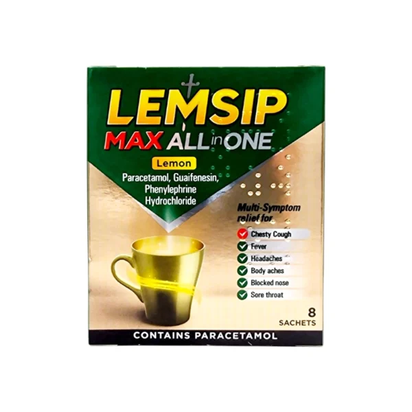 Packaging of Lemsip Max All in One Lemon, featuring a green background with a golden mug image and text highlighting ingredients: paracetamol, guaifenesin, and phenylephrine hydrochloride. The package indicates multi-symptom relief for chesty cough, fever, headaches, body aches, blocked nose, and sore throat. Contains 8 sachets