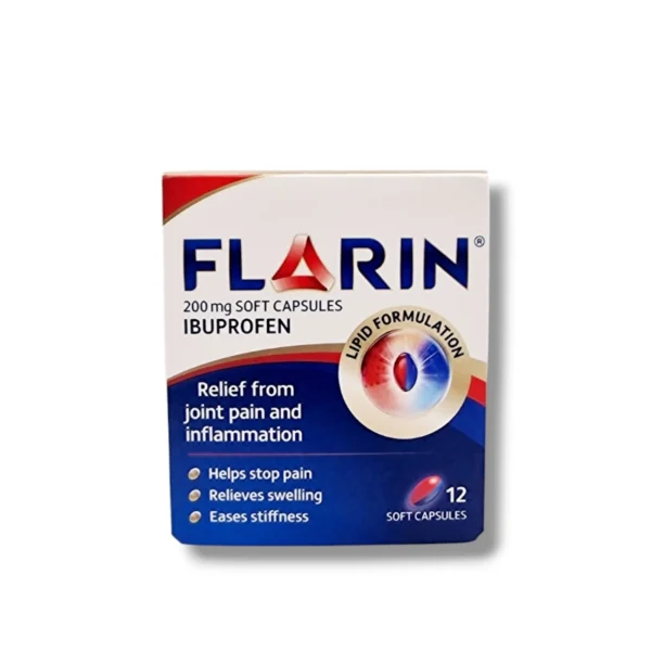 Flarin 200mg Ibuprofen Soft Capsules packaging, featuring a lipid formulation for relief from joint pain, inflammation, swelling, and stiffness, containing 12 capsules.