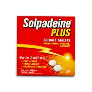 The image depicts the packaging of Solpadeine Plus Soluble Tablets. It prominently features the brand name "Solpadeine" in bold white letters with "PLUS" highlighted in yellow. The package states the product contains paracetamol, codeine, and caffeine and provides "fast-acting" and "triple action" pain relief. It also includes a warning about addiction due to the opioid content. The background is bright red with a design of two dissolving tablets and a yellow light streak.