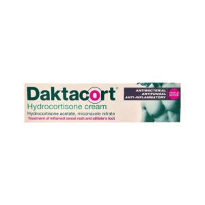 The image displays the packaging for Daktacort Hydrocortisone Cream, a topical treatment for inflamed sweat rash and athlete's foot. Key features on the packaging: The product name "Daktacort" in bold green font, with the "o" emphasised in pink. Description below: "Hydrocortisone cream" with additional information about active ingredients: Hydrocortisone acetate, miconazole nitrate. Highlighted uses: "Treatment of inflamed sweat rash and athlete's foot" in pink text. A purple section emphasising "Antibacterial, Antifungal, Anti-inflammatory – Triple Action". A partial image of a torso on the right, implying the product’s dermatological use.