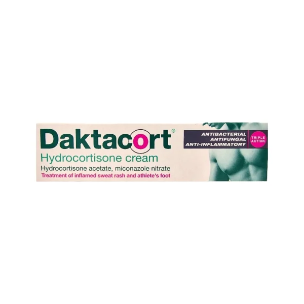 The image displays the packaging for Daktacort Hydrocortisone Cream, a topical treatment for inflamed sweat rash and athlete's foot. Key features on the packaging: The product name "Daktacort" in bold green font, with the "o" emphasised in pink. Description below: "Hydrocortisone cream" with additional information about active ingredients: Hydrocortisone acetate, miconazole nitrate. Highlighted uses: "Treatment of inflamed sweat rash and athlete's foot" in pink text. A purple section emphasising "Antibacterial, Antifungal, Anti-inflammatory – Triple Action". A partial image of a torso on the right, implying the product’s dermatological use.