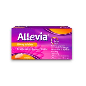 Allevia 120mg tablets packaging containing fexofenadine hydrochloride, providing 24-hour relief from hay fever and allergic rhinitis symptoms such as sneezing, itchy eyes, and blocked or runny nose.