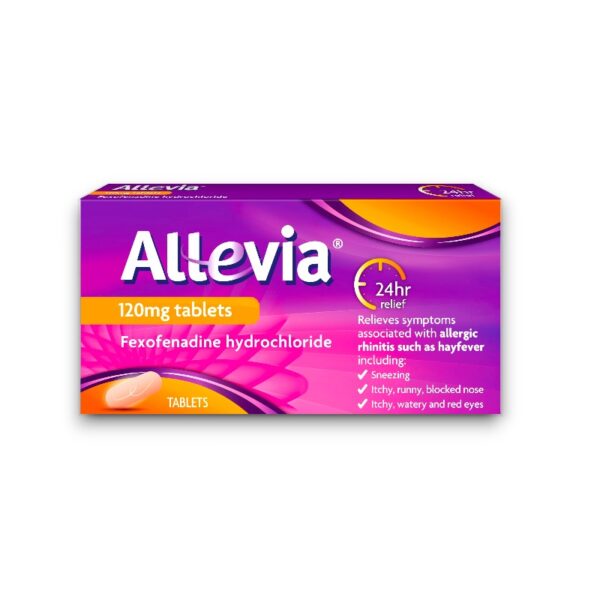 Allevia 120mg tablets packaging containing fexofenadine hydrochloride, providing 24-hour relief from hay fever and allergic rhinitis symptoms such as sneezing, itchy eyes, and blocked or runny nose.