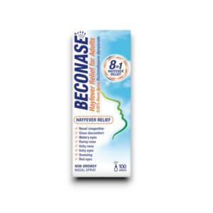 Beconase Hayfever Nasal Spray packaging, providing 8-in-1 hay fever relief from symptoms such as nasal congestion, sinus discomfort, sneezing, and itchy or watery eyes, with 180 sprays per bottle.