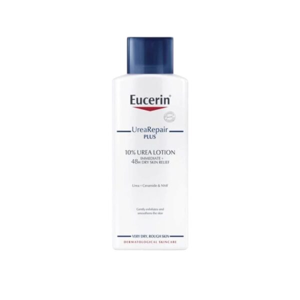 The image displays a bottle of Eucerin UreaRepair PLUS 10% Urea Lotion. The packaging is sleek and predominantly white, with the brand name "Eucerin" printed at the top in bold text. Below it, the product name "UreaRepair PLUS" is centered, emphasizing its focus on dry skin relief. The label highlights key features, such as "10% Urea Lotion," "Immediate + 48h Dry Skin Relief," and "Urea + Ceramide & NMF" as active ingredients. It mentions benefits like gentle exfoliation and smoothing of the skin, making it suitable for "Very Dry, Rough Skin." The design conveys a clinical and dermatological focus, reinforcing the product's credibility in skincare.