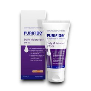 Purifide Daily Moisturiser SPF 30 packaging and tube, dermatologically tested for sensitive spot-prone skin, hydrating and soothing while providing UV protection without clogging pores.