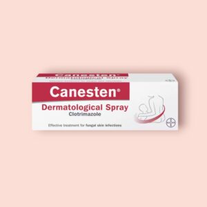 Canesten Dermatological Spray packaging, containing clotrimazole for the effective treatment of fungal skin infections.