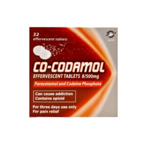 The image displays a box of Co-Codamol Effervescent Tablets 8/500mg, containing 32 tablets. The packaging features a vibrant red-orange gradient with white accents. The product name "Co-Codamol" is prominently displayed in bold, white text with a shadowed outline for emphasis. Below the name, the text highlights the active ingredients, Paracetamol and Codeine Phosphate, and states the dosage (8/500mg). Additional information includes warnings such as: "Can cause addiction. Contains opioid." "For three days use only. For pain relief." The upper-left corner specifies "32 effervescent tablets," and there is an image of two fizzing tablets to indicate the effervescent nature. The design is straightforward and prioritizes essential medical information for clarity.