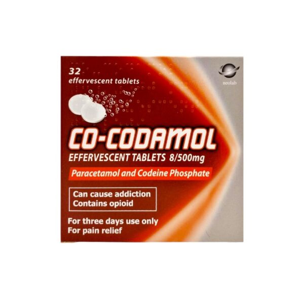 The image displays a box of Co-Codamol Effervescent Tablets 8/500mg, containing 32 tablets. The packaging features a vibrant red-orange gradient with white accents. The product name "Co-Codamol" is prominently displayed in bold, white text with a shadowed outline for emphasis. Below the name, the text highlights the active ingredients, Paracetamol and Codeine Phosphate, and states the dosage (8/500mg). Additional information includes warnings such as: "Can cause addiction. Contains opioid." "For three days use only. For pain relief." The upper-left corner specifies "32 effervescent tablets," and there is an image of two fizzing tablets to indicate the effervescent nature. The design is straightforward and prioritizes essential medical information for clarity.