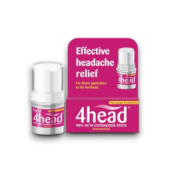 4head Cutaneous Stick packaging and product, containing 90% w/w levomenthol for effective headache relief, designed for direct application to the forehead.