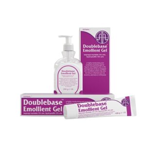 Doublebase Emollient Gel packaging and pump dispenser, designed to hydrate and protect dry or sensitive skin, suitable for daily use.