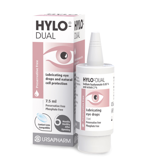 Image of a 10ml bottle of Hylo-Dual Eye Drops, a solution for treating itching and redness in the eyes caused by allergies. The packaging indicates that the product is preservative-free, phosphate-free, and suitable for contact lens users, with a 6 months sterility after opening. The bottle and its box are predominantly white with pink accents and black text. There is also a logo that reads ‘URSAPHARM’ at the bottom of the box