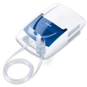 A Beurer IH21 Nebuliser, a medical device used for respiratory therapy. The nebuliser is white and blue, featuring a clear, flexible tube attached to a mouthpiece. It has visible vents on the side for air circulation and a blue reservoir for medication. The device is placed against a white background