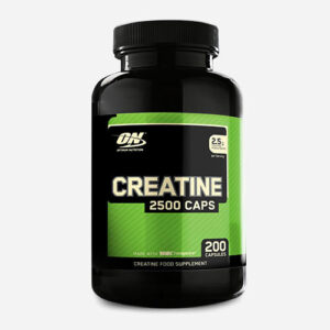 A black bottle of Optimum Nutrition Creatine 2500 Caps with a green label, containing 200 capsules. The label indicates that each serving provides 2.5 grams of creatine monohydrate