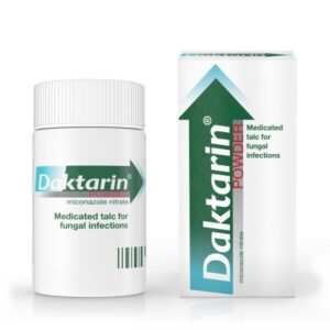 Image of a Daktarin Powder Original 20g container next to its packaging box. The container is white with a green and red label indicating it is a medicated talc for fungal infections, containing miconazole nitrate. The packaging box has a similar design, with the product name and description prominently displayed.