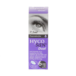 A product packaging for HYCOSAN Dual Eye Drops. The box is predominantly purple with white text. It features an image of a human eye on the upper half and specifies the product size as 7.5 ml, stating it’s preservative-free. The box also mentions that HYCOSAN Dual relieves dry eyes by stabilizing the tear film and moisturizes eye surface tissues for fast relief from itching and burning. It is contact lens compatible and has a 6-month sterility after opening. The image shows a box of HYCOSAN Dual Eye Drops, an eye care product designed to be interesting and relevant for individuals seeking sterile, preservative-free options for eye cleansing or treatment. The visual emphasis on cleanliness and purity is conveyed through the use of white space and the splash of liquid, which may appeal to consumers looking for gentle eye care solutions.