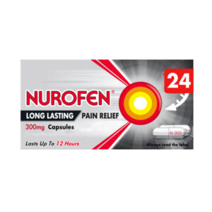 The image shows a box of Nurofen Long Lasting Pain Relief 300mg Capsules. The box is primarily grey with red and yellow accents, featuring the Nurofen logo prominently. It states that the capsules provide pain relief lasting up to 12 hours. The box contains 24 capsules, and a visual of one capsule with "N 300" printed on it is shown on the right side. The bottom of the box advises to always read the label.