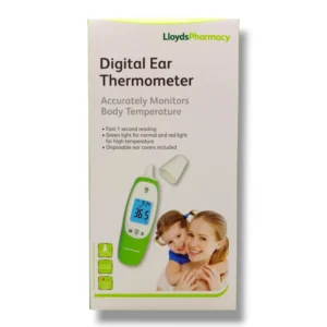 A box of Lloyds Pharmacy Digital Ear Thermometer with key features listed, including fast 1-second reading, green light for normal and red light for high temperature, and disposable ear covers included. The image also shows the thermometer and a mother holding a child.