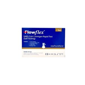 The image shows the packaging of a Flowflex SARS-CoV-2 Antigen Rapid Test (Self-Testing) kit. The blue and white box indicates it contains one test, including a test cassette, extraction buffer tube, disposable swab, waste bag, and package insert. The test is CE marked and intended for in vitro diagnostic use only