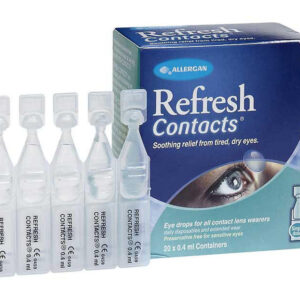 Image of Refresh Contacts 20 x 0.4ml Vials packaging. The box displays the product name and description: "Soothing relief from tired, dry eyes." It indicates that the vials are preservative-free and suitable for all contact lens wearers, including those using daily disposables and extended wear lenses. The image shows six individual vials arranged in front of the box.