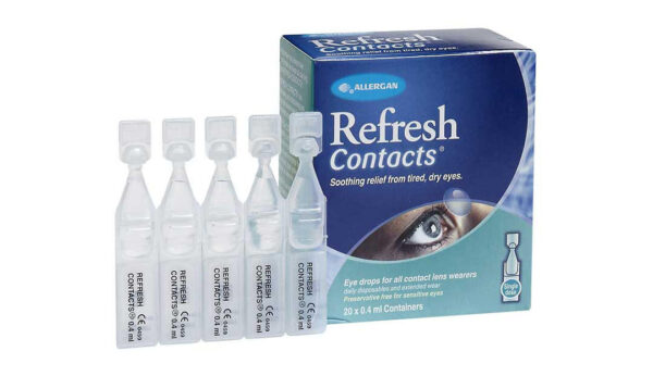 Image of Refresh Contacts 20 x 0.4ml Vials packaging. The box displays the product name and description: "Soothing relief from tired, dry eyes." It indicates that the vials are preservative-free and suitable for all contact lens wearers, including those using daily disposables and extended wear lenses. The image shows six individual vials arranged in front of the box.