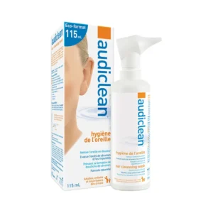 Image of Audiclean Ear Cleansing Wash 115ml packaging and bottle. The product is designed for ear hygiene, featuring a white bottle with an easy-to-use nozzle and blue and orange text. The packaging indicates that it is suitable for adults and children over six months and helps gently cleanse ears, remove excess earwax, and prevent earwax build-up. The label includes both French and English text.