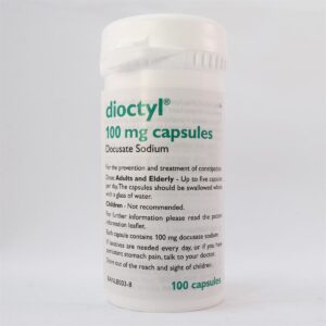 A white bottle labeled "dioctyl® 100 mg capsules" containing Docusate Sodium. The bottle is intended for the prevention and treatment of constipation. The dosage instructions indicate that adults and the elderly can take up to five capsules per day, and that the capsules should be swallowed with water. It is not recommended for children. Additional information advises consulting a doctor if persistent use or stomach pain occurs and warns to keep the bottle out of reach of children. The bottle contains 100 capsules.