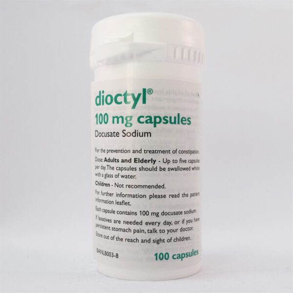 A white bottle labeled "dioctyl® 100 mg capsules" containing Docusate Sodium. The bottle is intended for the prevention and treatment of constipation. The dosage instructions indicate that adults and the elderly can take up to five capsules per day, and that the capsules should be swallowed with water. It is not recommended for children. Additional information advises consulting a doctor if persistent use or stomach pain occurs and warns to keep the bottle out of reach of children. The bottle contains 100 capsules.