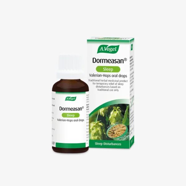 A bottle of Dormeasan Sleep Valerian-Hops oral drops next to its packaging box. The box and bottle label are green with images of the valerian plant and hops, indicating the natural ingredients used in this traditional herbal medicinal product for temporary relief of sleep disturbances based on traditional use only. The A.Vogel brand is prominently displayed at the top of the box