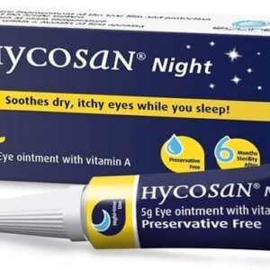 A product packaging for Hycosan Night Ointment. The box is predominantly white with blue and yellow accents. It features an image of a human eye on the upper half and specifies the product size as 5g. The box states that Hycosan Night soothes dry, itchy eyes while you sleep, is preservative-free, and has a 6-month usability period after opening. The image shows a box of Hycosan Night Ointment, an eye care product designed to provide overnight relief for dry eyes. The visual emphasis on nighttime use and soothing comfort is conveyed through the color scheme and eye imagery, making it relevant for individuals seeking relief during sleep.