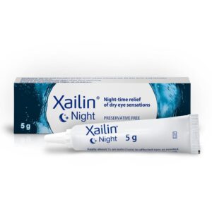 Image of Xailin Night eye gel 5g packaging and tube. The packaging highlights that the gel is preservative-free and provides night-time relief for dry eye sensations. The tube has a nozzle for easy application and is labelled with instructions to apply about 1cm of gel to affected eyes as needed.