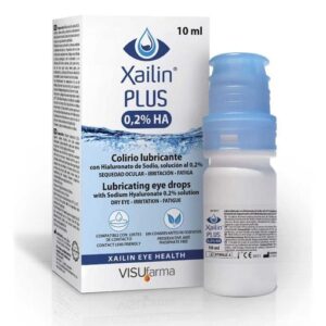 A 10 ml package of Xailin Plus 0.2% HA lubricating eye drops. The packaging is predominantly white with blue accents, featuring a water droplet symbol and waves at the bottom, indicating its hydrating properties. It contains Sodium Hyaluronate 0.2% solution for dry eyes, irritations, and fatigue. The product is presented as contact lens friendly and promotes ocular health with the VISUfarma logo at the bottom