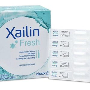 Image of Xailin Fresh Eye Drops packaging and single-dose units. The packaging displays the product name "Xailin Fresh" with the description "Carmellose 0.5% w/v Eye Drops. Contact Lens Friendly. Soothing and Lubricating. Preservative Free." The box contains 30 x 0.4 ml single-dose units, which are visible alongside the packaging. The manufacturer's logo "Nicox" is also present on the box and single-dose units.