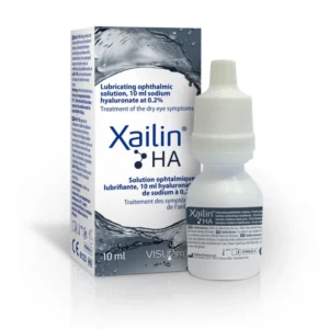 Image of Xailin HA, a lubricating ophthalmic solution containing 10ml of sodium hyaluronate at 0.2%. The product is intended for the treatment of dry eye symptoms. The packaging displays the product name, description, and a visual of water, indicating its hydrating properties. The bottle and box both feature detailed usage and ingredient information.