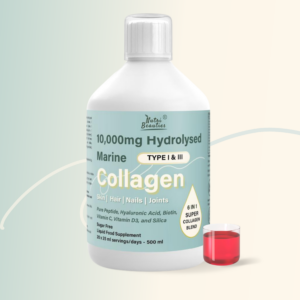 The image shows a white bottle of Nutri Beauties 10,000mg Hydrolysed Marine Collagen liquid supplement. The label indicates it contains Type I & III collagen and is formulated for skin, hair, nails, and joints. The bottle highlights that it is a 6-in-1 super collagen blend, including pure peptide, hyaluronic acid, biotin, vitamin C, vitamin D3, and silica. The product is sugar-free, comes in a 500ml bottle, and provides 20 servings of 25ml each. Next to the bottle is a small glass containing a red liquid, presumably the collagen supplement