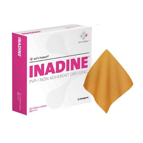 Image showing the packaging and an individual piece of an Inadine PVP-I Non-Adherent Dressing. The box is primarily white with pink accents, featuring the product name "INADINE" prominently in bold pink letters. Beside the box, a single non-adherent dressing is displayed, characterised by its brownish-orange colour, indicating the presence of povidone-iodine. The product is designed for wound care, ensuring an antimicrobial barrier to aid in healing.