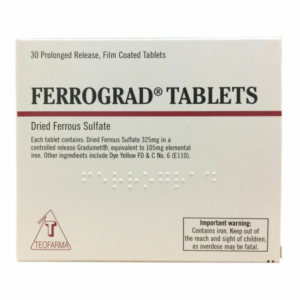 A white rectangular box of Ferrograd Tablets, containing 30 prolonged-release, film-coated tablets. The box features the name "FERROGRAD® TABLETS" prominently in black text, along with "Dried Ferrous Sulfate" below it. Each tablet contains 325mg of dried ferrous sulfate in a controlled-release Gradumet®, equivalent to 105mg elemental iron. The box also lists other ingredients, including Dye Yellow FD & C No. 6 (E110). A warning at the bottom right corner states that the product contains iron and should be kept out of reach of children, as overdose may be fatal. The packaging includes the Teofarma logo.