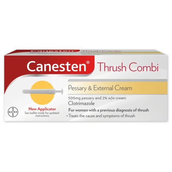 Canesten Thrush Combi Pessary & External Cream packaging. The box features the Canesten logo in red, with the product name 'Thrush Combi' in red text. The packaging indicates that it contains a 500mg pessary and 2% w/w cream of Clotrimazole, specifically for women with a previous diagnosis of thrush. The image also highlights the inclusion of a new applicator. Additional information on dosage and instructions is mentioned to be inside the leaflet