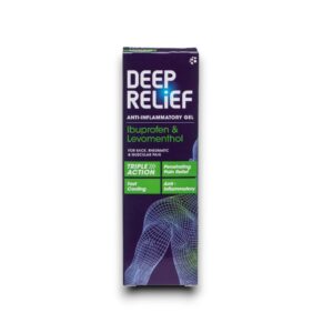 Deep Relief Anti-Inflammatory Gel packaging featuring Ibuprofen and Levomenthol, providing triple action relief with fast cooling, anti-inflammatory, and penetrating pain relief for back, rheumatic, and muscular pain.