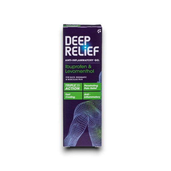 Deep Relief Anti-Inflammatory Gel packaging featuring Ibuprofen and Levomenthol, providing triple action relief with fast cooling, anti-inflammatory, and penetrating pain relief for back, rheumatic, and muscular pain.