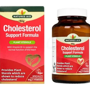 Image of a dietary supplement product named “NATURE’S AID Cholesterol Support Formula.” The left side shows the front of a red and green box with the product name, stating it contains 90g and is a food supplement with Plant Sterols. It also mentions Vitamin B1 to support the normal function of the heart. The right side displays a brown bottle with a similar label as the box, indicating it provides plant sterols shown to reduce cholesterol.