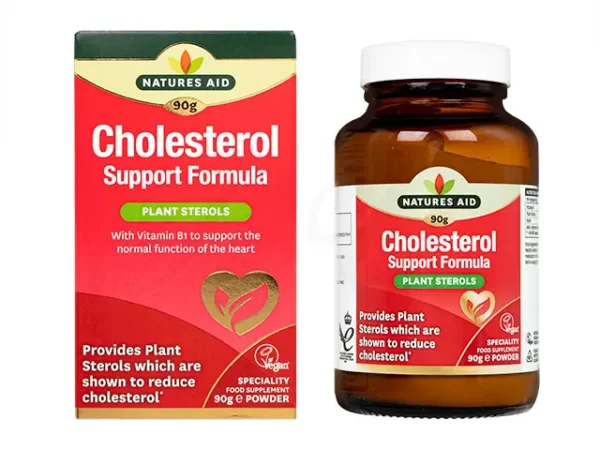 Image of a dietary supplement product named “NATURE’S AID Cholesterol Support Formula.” The left side shows the front of a red and green box with the product name, stating it contains 90g and is a food supplement with Plant Sterols. It also mentions Vitamin B1 to support the normal function of the heart. The right side displays a brown bottle with a similar label as the box, indicating it provides plant sterols shown to reduce cholesterol.