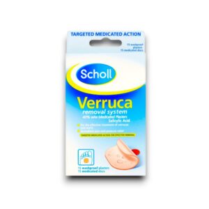 Scholl Verruca Removal System packaging, featuring a blue and yellow design with "Targeted Medicated Action" written at the top. The box highlights its use for verrucas and warts, containing 15 washproof plasters and 15 medicated discs with 40% w/w salicylic acid for effective treatment. An illustration of a plaster and a foot is displayed.