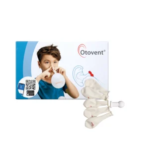 Packaging of Otovent, a medical device designed to relieve ear pressure. The package features an illustration of the device in use, with a balloon attached to a nosepiece being inflated by a child whose face is obscured for privacy. The product name ‘Otovent’ is prominently displayed along with the brand’s logo, which includes a stylized depiction of an ear and an ascending red balloon. A QR code and additional product information are visible on the left side of the packaging