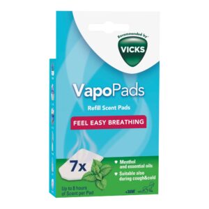 Image of Vicks VapoPads Refill Scent Pads (7 Pack) in menthol scent. The packaging highlights the product's use for "easy breathing" with up to 8 hours of menthol vapours per pad. It is recommended for use during colds and coughs and is suitable for children over 36 months. The box also mentions that the pads contain menthol and essential oils.